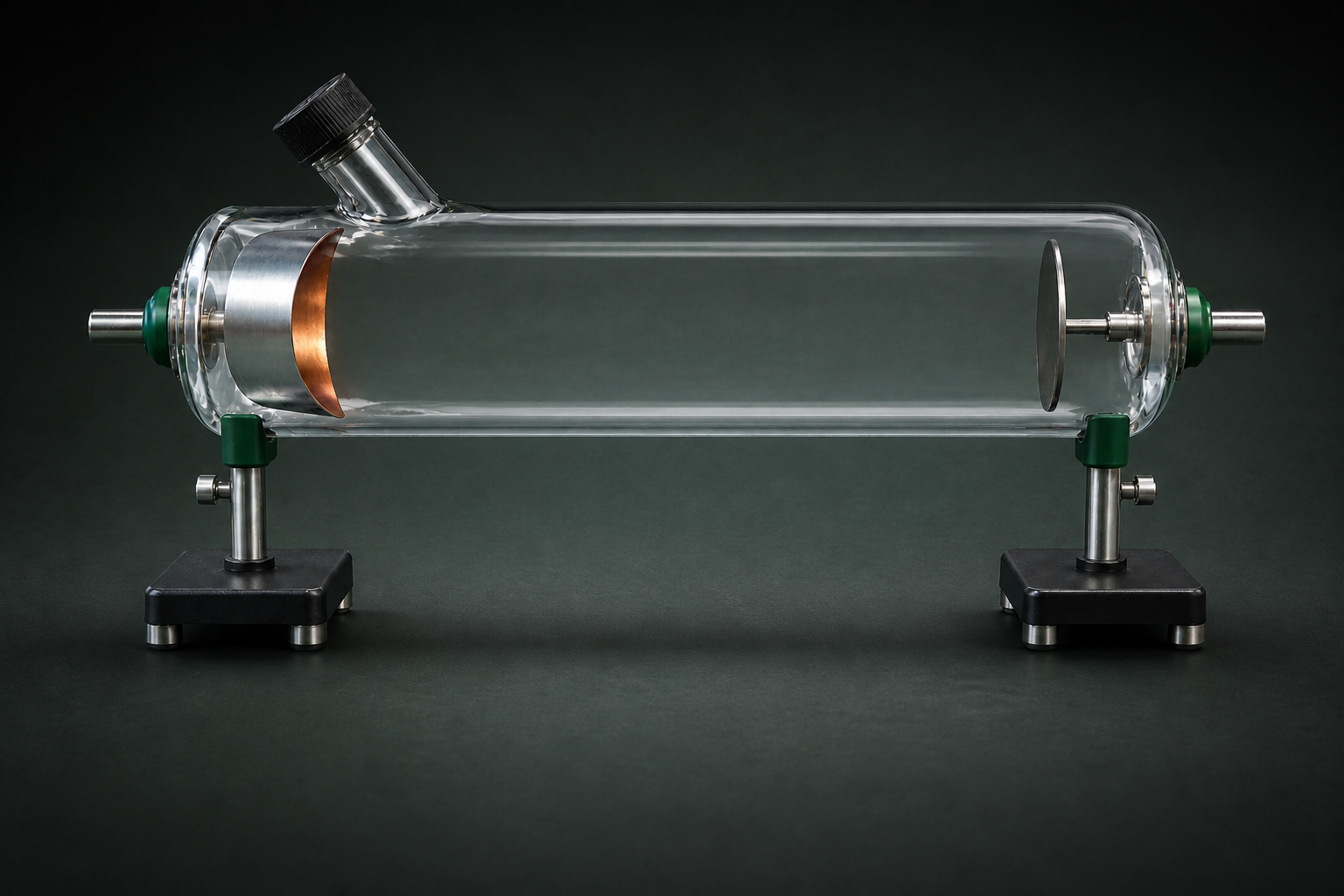 A glass vacuum photocell containing a curved cathode on the left and a collector plate on the right.