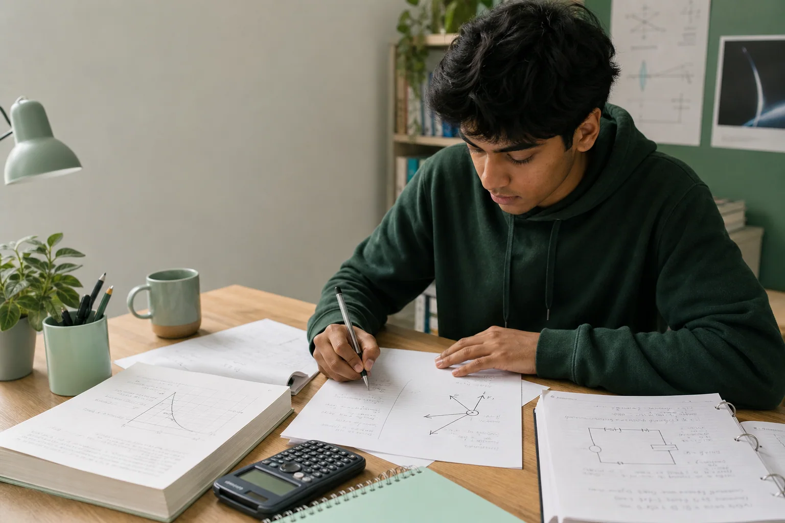 A student independently practising Physics calculations, graphs and diagrams at a desk
