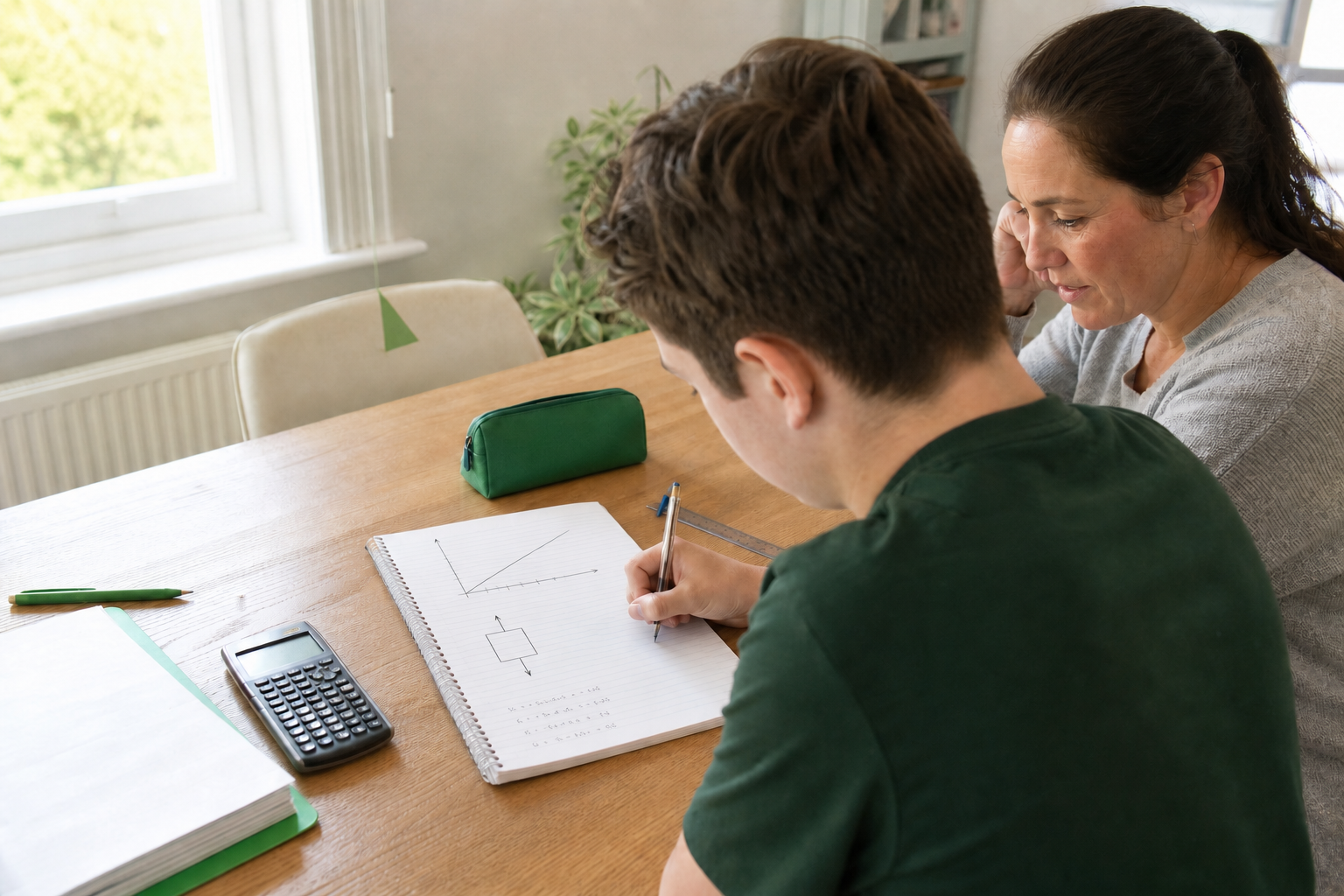 A parent supporting a pupil who is working independently through a Physics problem