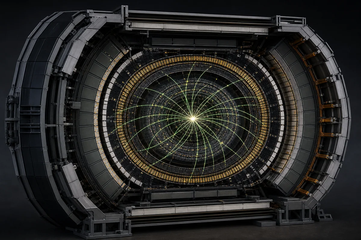 Original editorial cutaway of a cylindrical particle detector recording curved particle tracks from one central collision point.