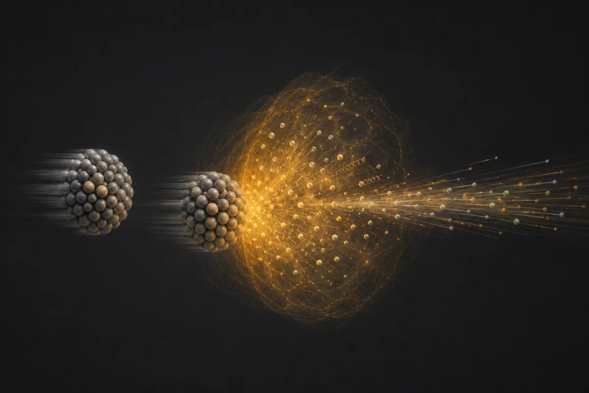 Original editorial illustration of colliding lead nuclei producing a hot quark-gluon plasma, with a fast particle jet emerging through the material.