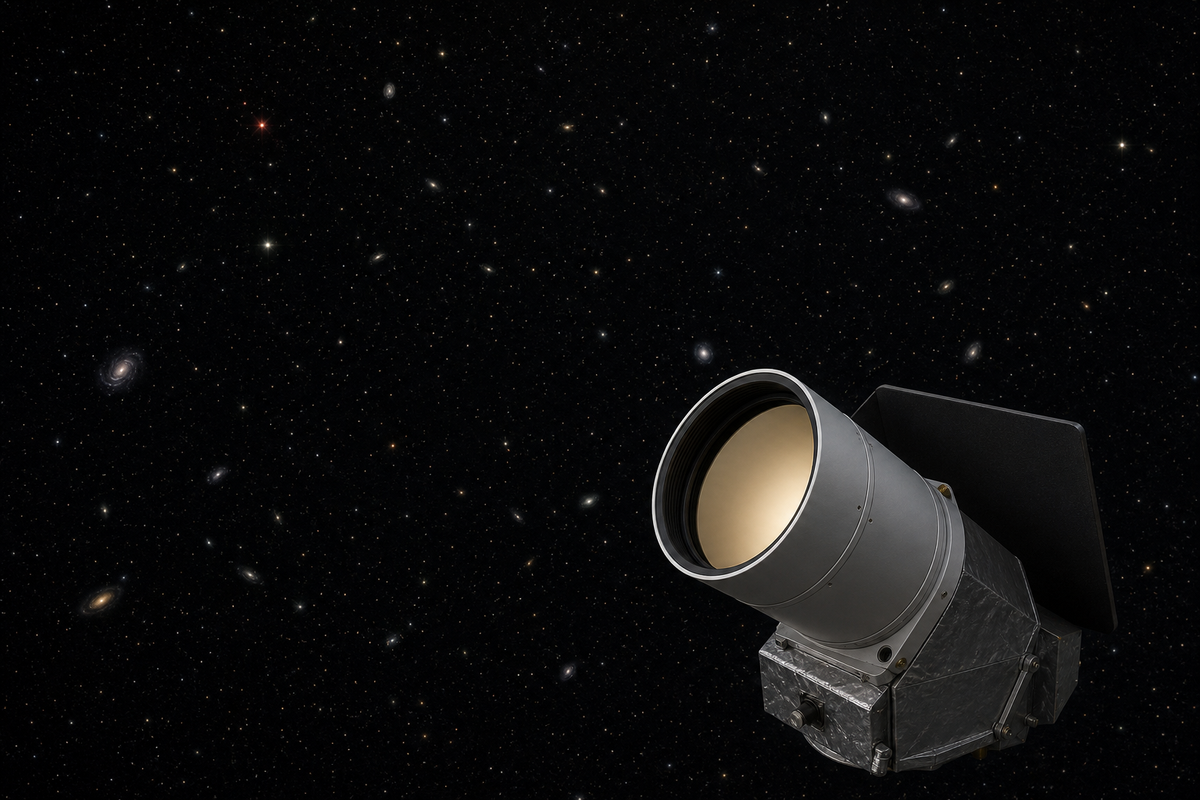 Original editorial visual of a compact infrared survey telescope observing a sparse deep field of distant galaxies and an ancient quasar.