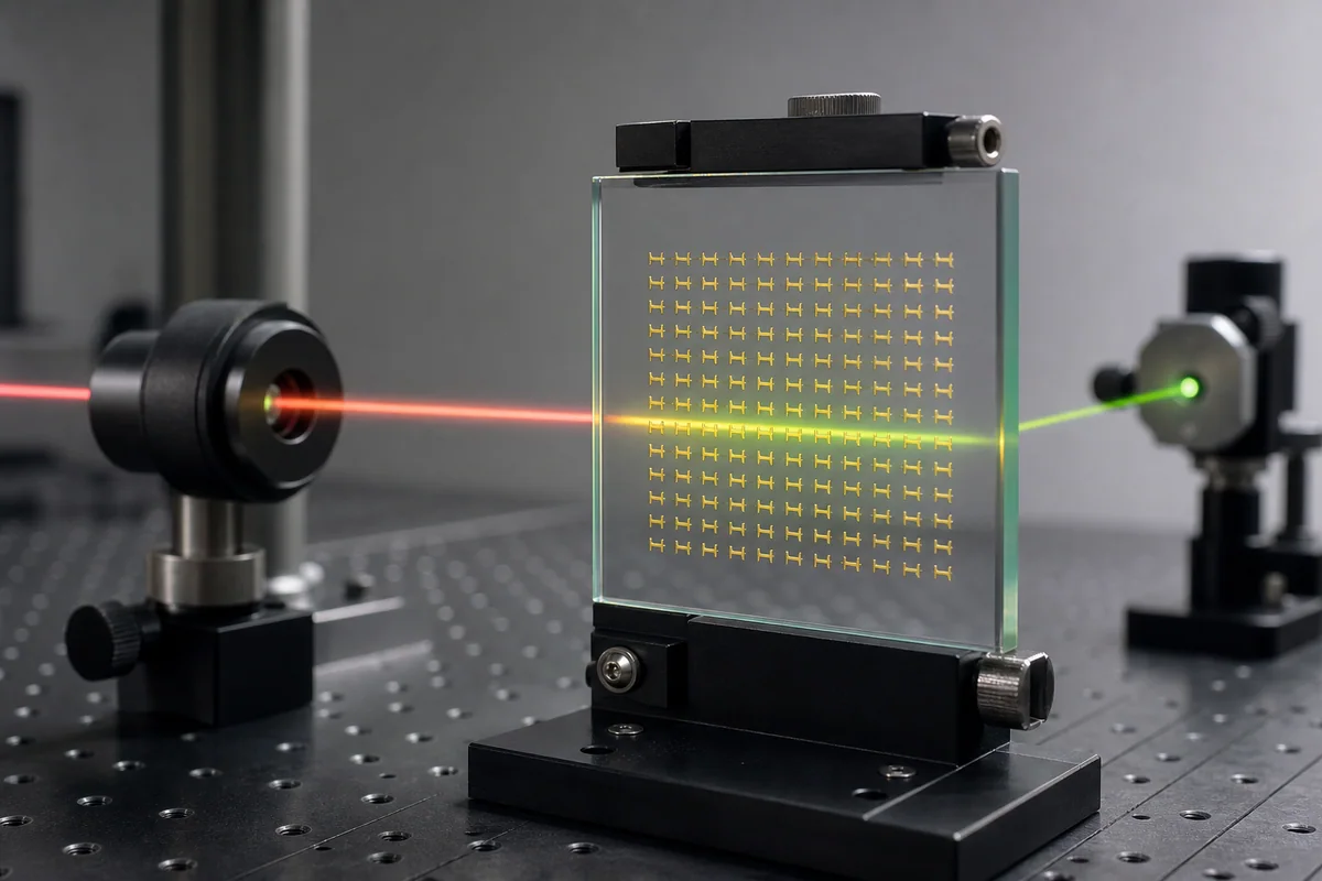 Original editorial visual of a patterned gold metacrystal on a glass chip in an optics experiment, with a narrow light beam passing through it.