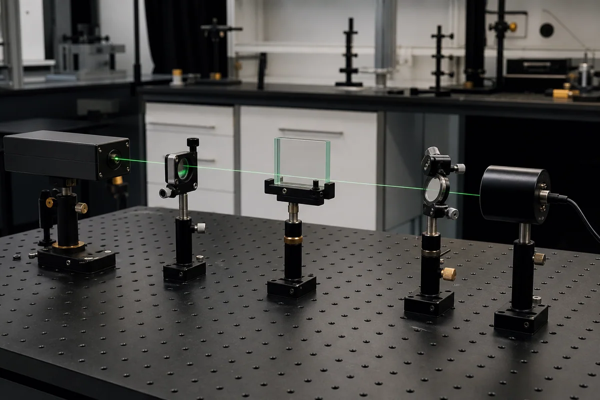 Original editorial visual of a room-temperature optical experiment with a laser, mounted glass sample, precision optics and a sensitive detector.
