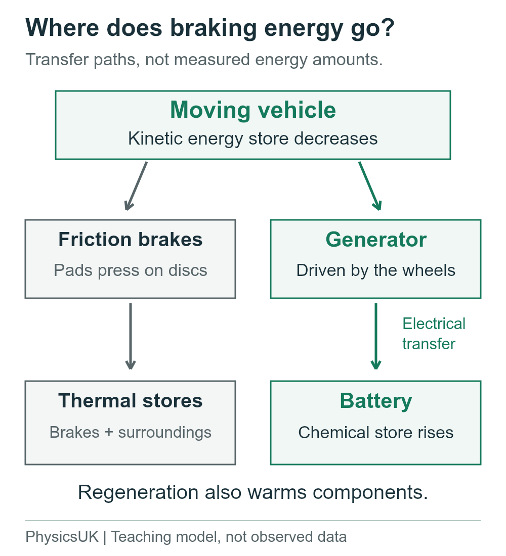 Two energy paths during braking: friction increases the thermal stores of brakes and surroundings; regeneration drives a generator and increases the battery chemical store, with thermal losses too.