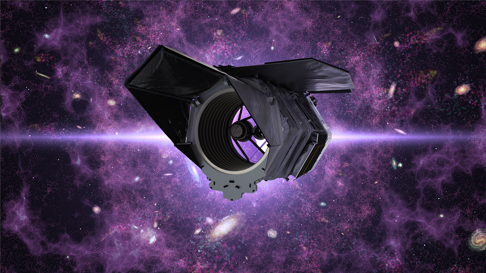 NASA artist visualisation of the Nancy Grace Roman Space Telescope in front of a wide field of galaxies.