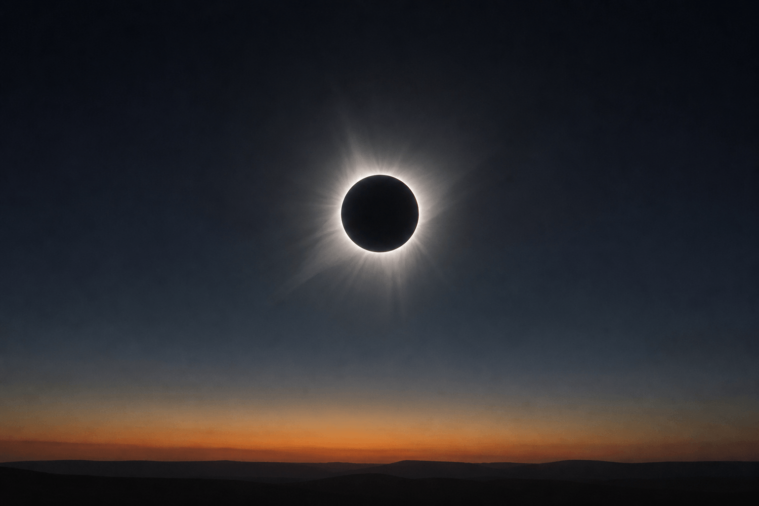 Conceptual ground view of a total solar eclipse showing the black Moon, the pale solar corona and a darkened evening horizon.