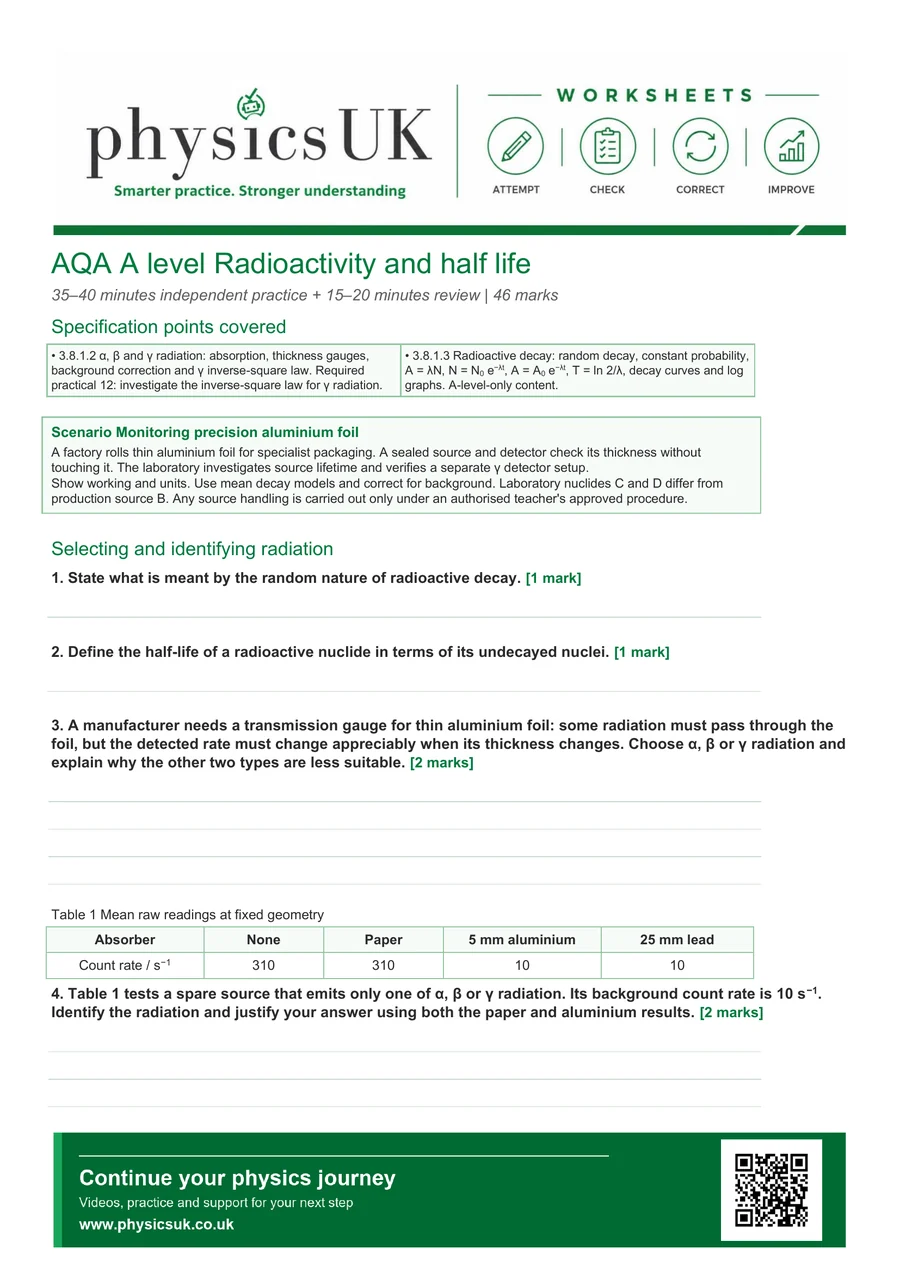 Preview of AQA A Level Physics Radioactivity and Half-Life Worksheet
