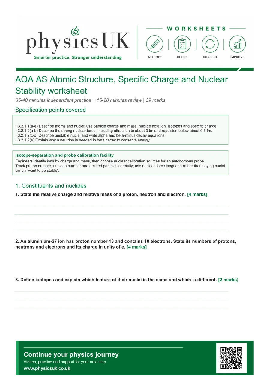 Preview of AQA AS Physics Atomic Structure, Specific Charge and Nuclear Stability Worksheet