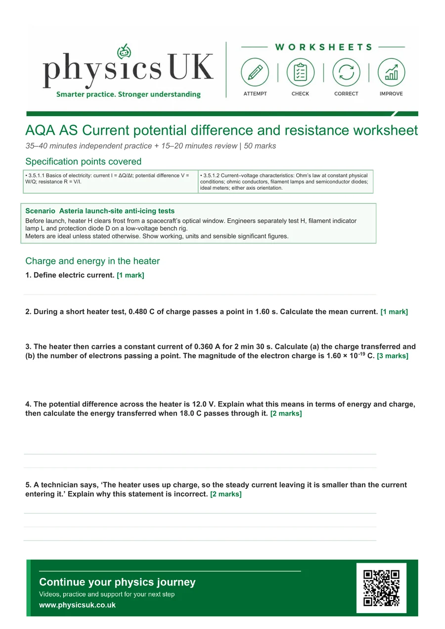 Preview of AQA AS Physics Current, Potential Difference, Resistance and I–V Characteristics Worksheet