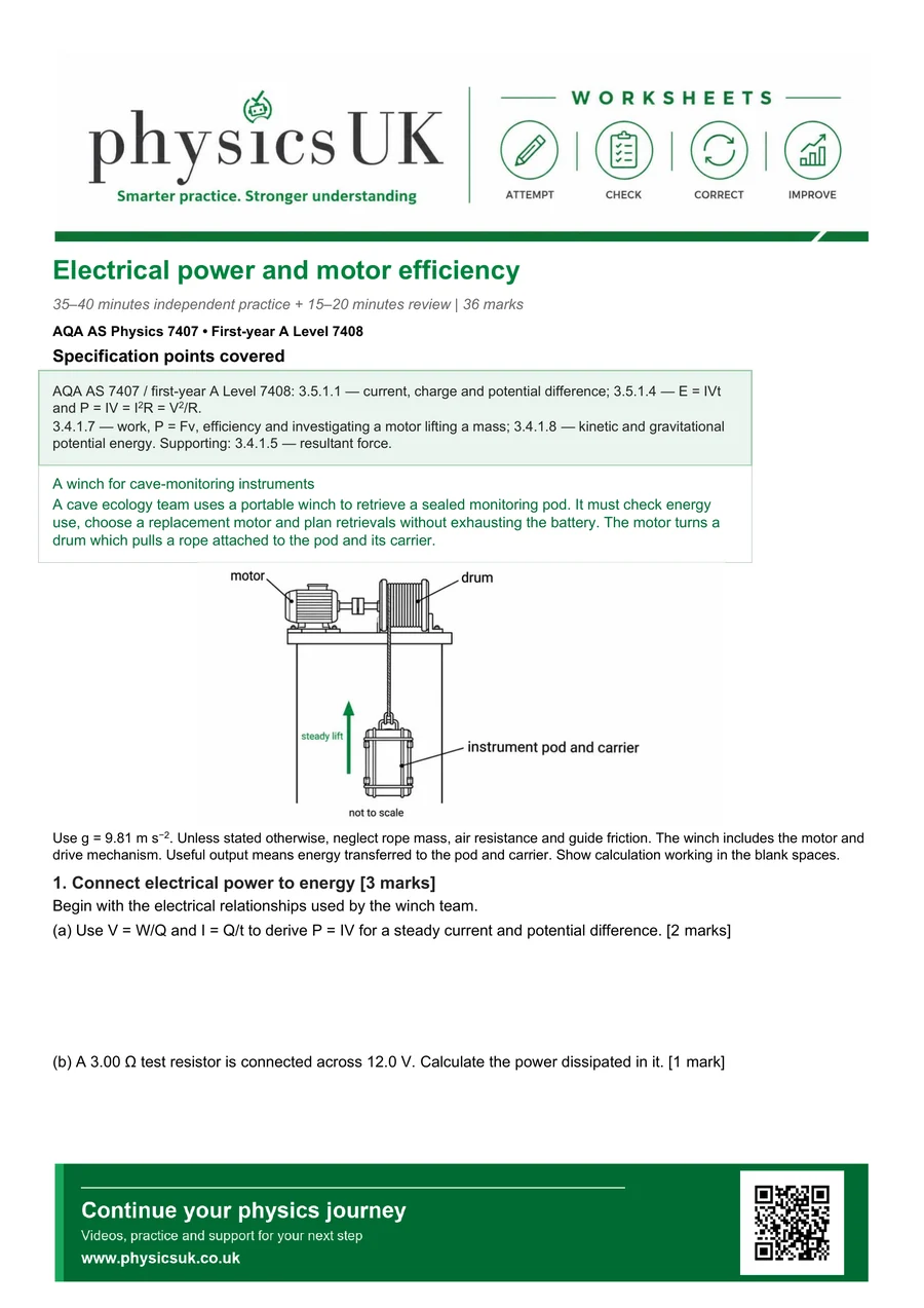 Preview of AQA AS Physics Electrical Power and Motor Efficiency Worksheet