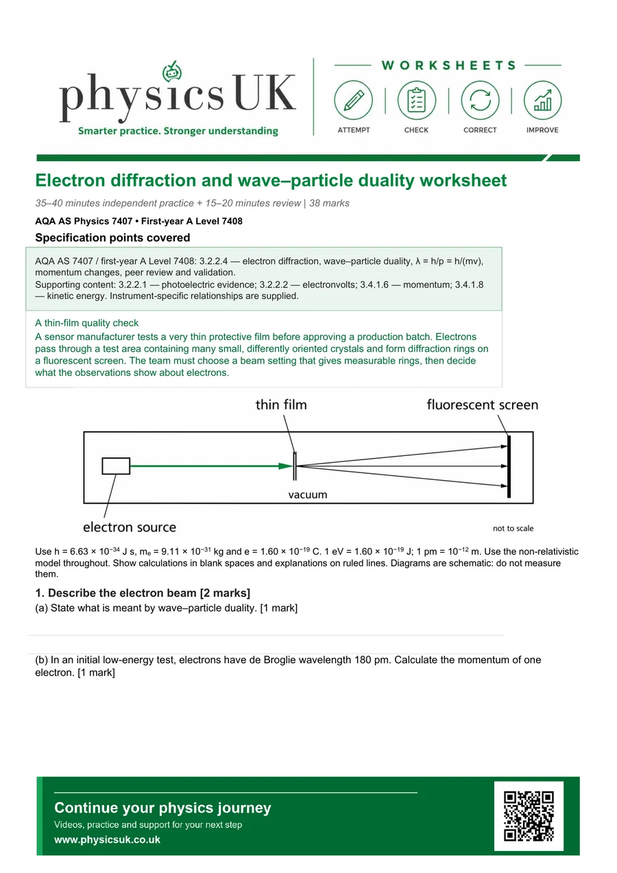 Preview of AQA AS Physics Electron Diffraction and Wave-Particle Duality Worksheet