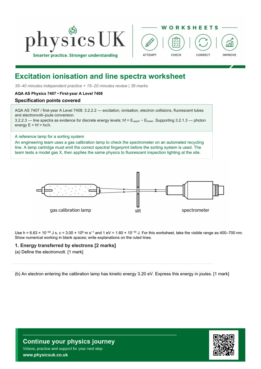 Preview of AQA AS Physics Excitation, Ionisation and Line Spectra Worksheet