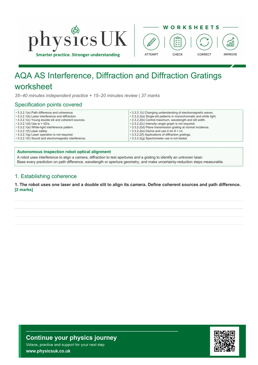 Preview of AQA AS Physics Interference, Diffraction and Diffraction Gratings Worksheet