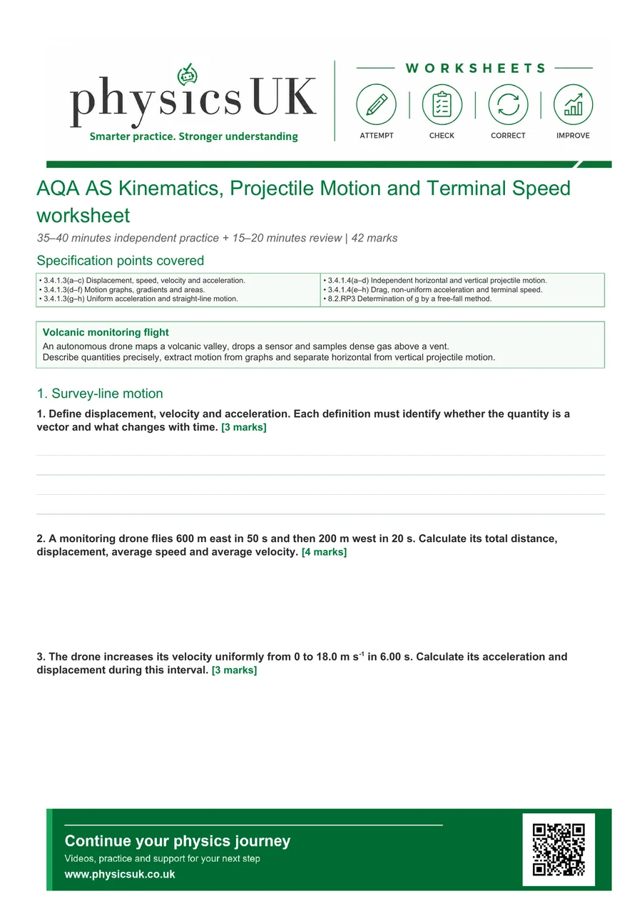 Preview of AQA AS Physics Kinematics, Projectile Motion and Terminal Speed Worksheet