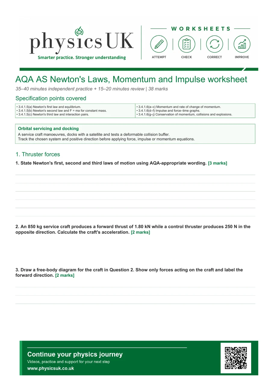 Preview of AQA AS Physics Newton's Laws, Momentum and Impulse Worksheet