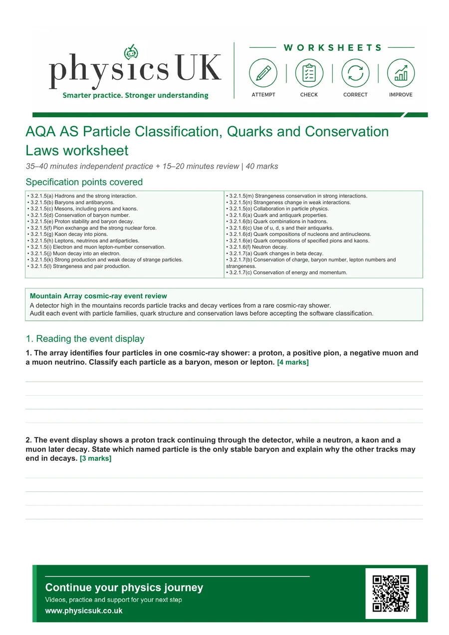 Preview of AQA AS Physics Particle Classification, Quarks and Conservation Laws Worksheet