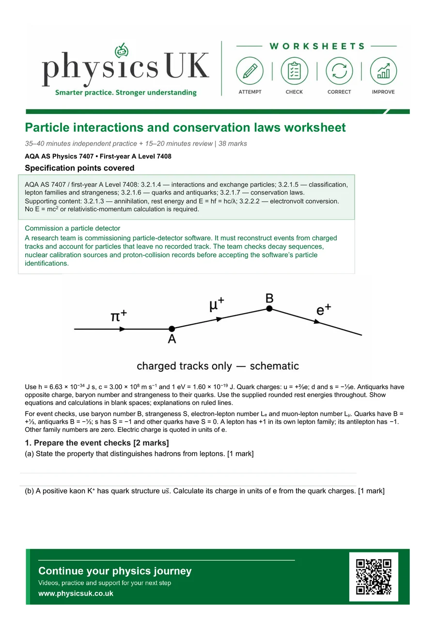 Preview of AQA AS Physics Particle Interactions and Conservation Laws Worksheet