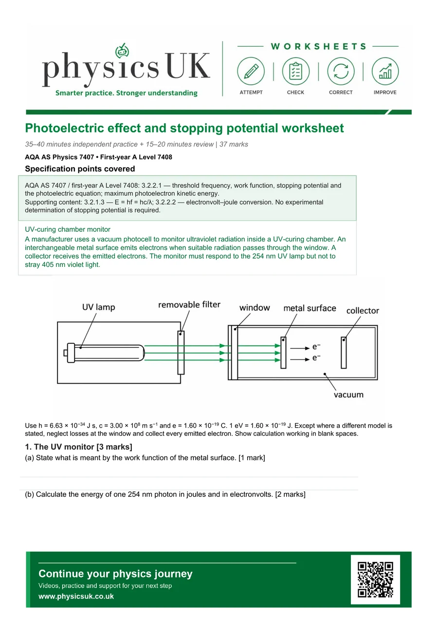Preview of AQA AS Physics Photoelectric Effect and Stopping Potential Worksheet