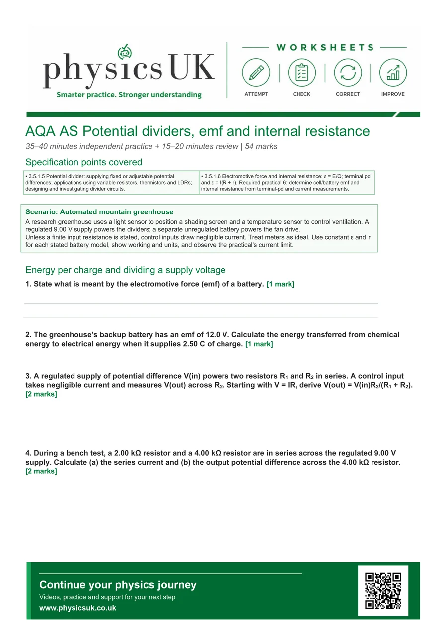 Preview of AQA AS Physics Potential Dividers, EMF and Internal Resistance Worksheet