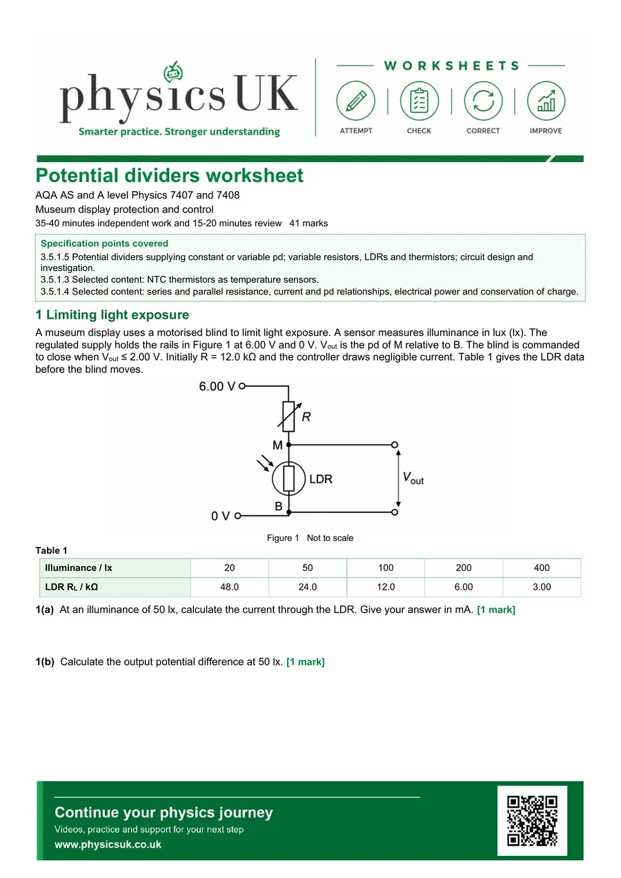 Preview of AQA AS Physics Potential Dividers: Museum Display Worksheet