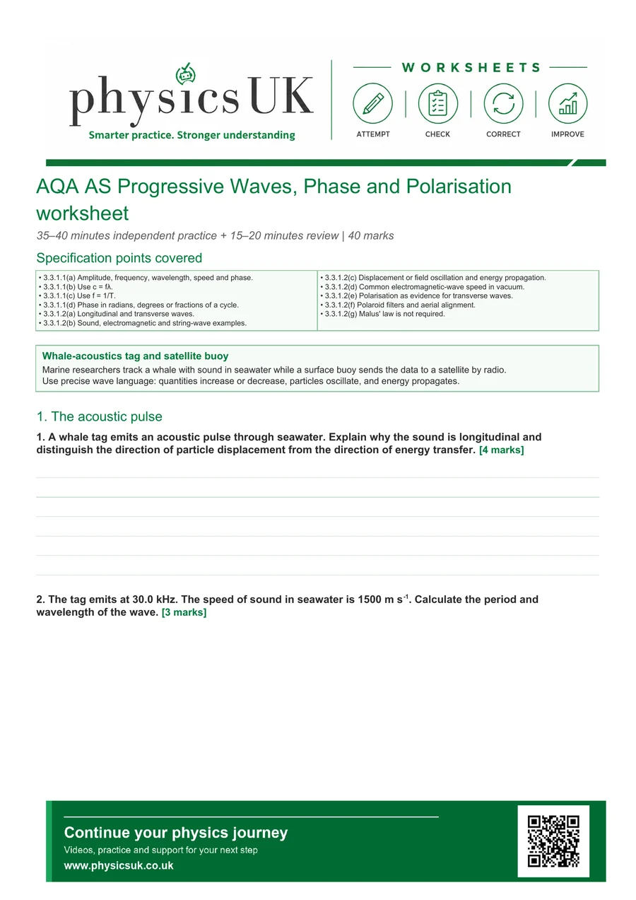 Preview of AQA AS Physics Progressive Waves, Phase and Polarisation Worksheet