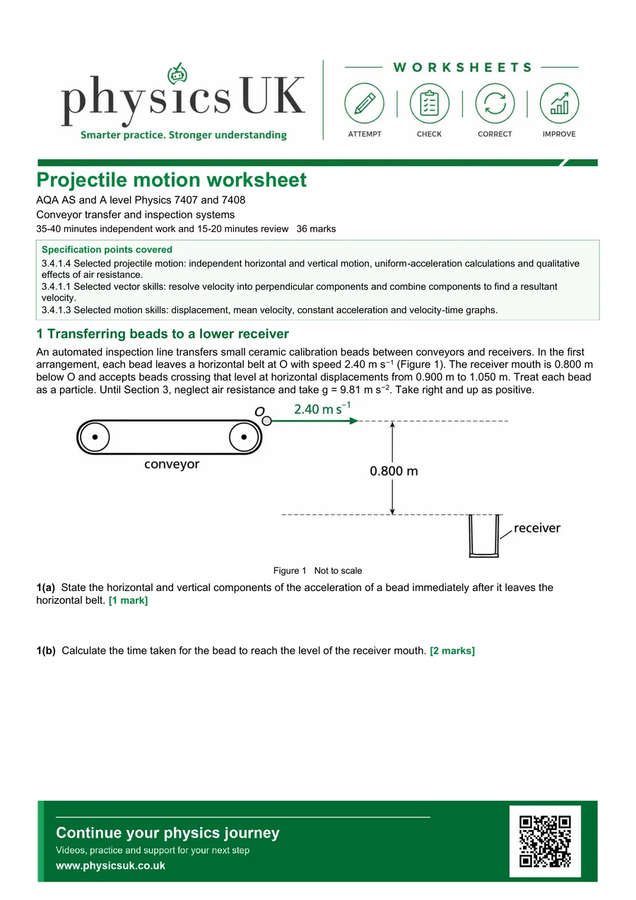 Preview of AQA AS Physics Projectile Motion: Conveyor Transfer Worksheet