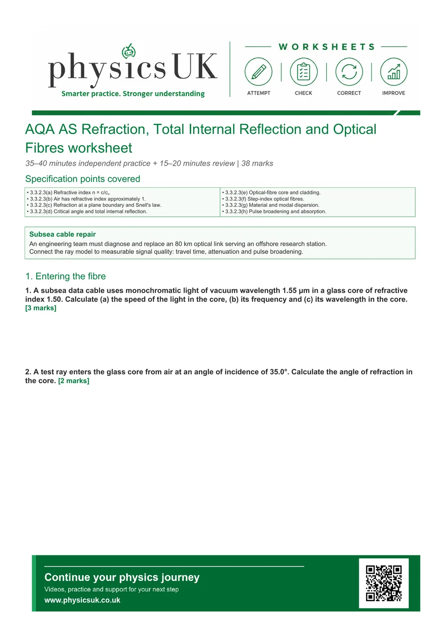 Preview of AQA AS Physics Refraction, Total Internal Reflection and Optical Fibres Worksheet