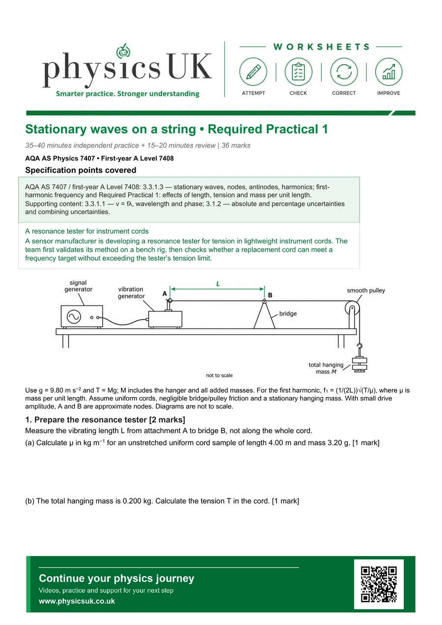 Preview of AQA AS Physics Required Practical 1: Stationary Waves on a String Worksheet