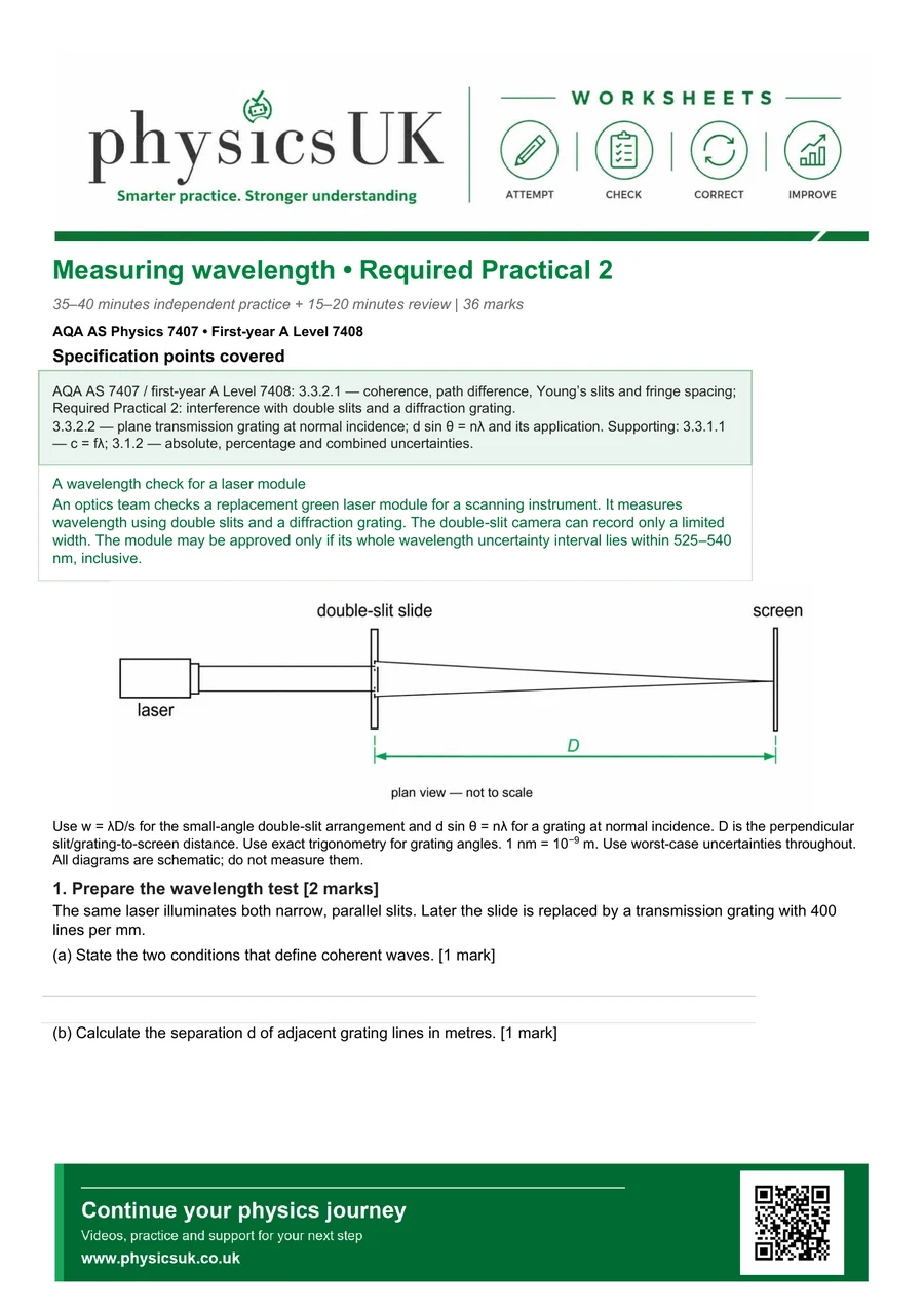 Preview of AQA AS Physics Required Practical 2: Interference and Wavelength Worksheet