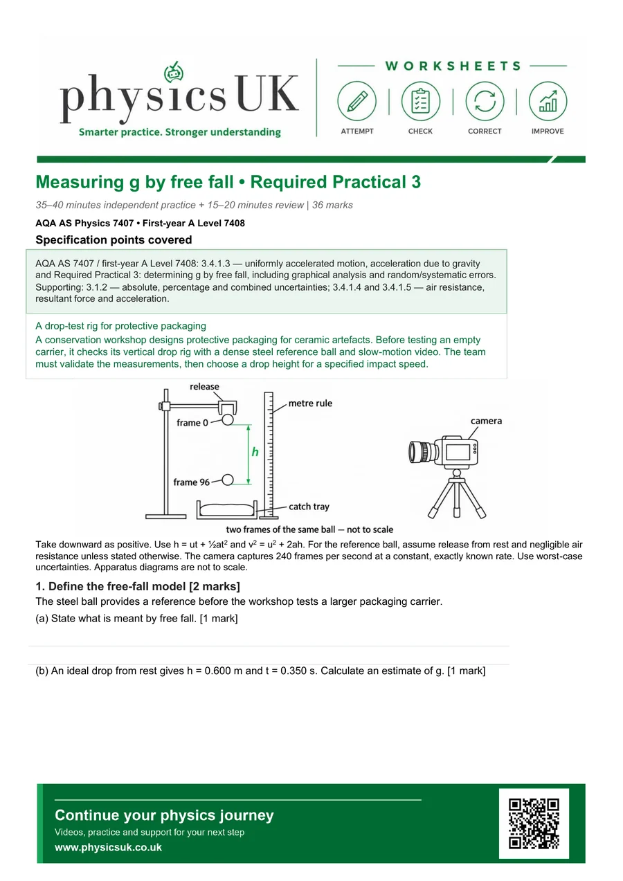 Preview of AQA AS Physics Required Practical 3: Free Fall and Measuring g Worksheet
