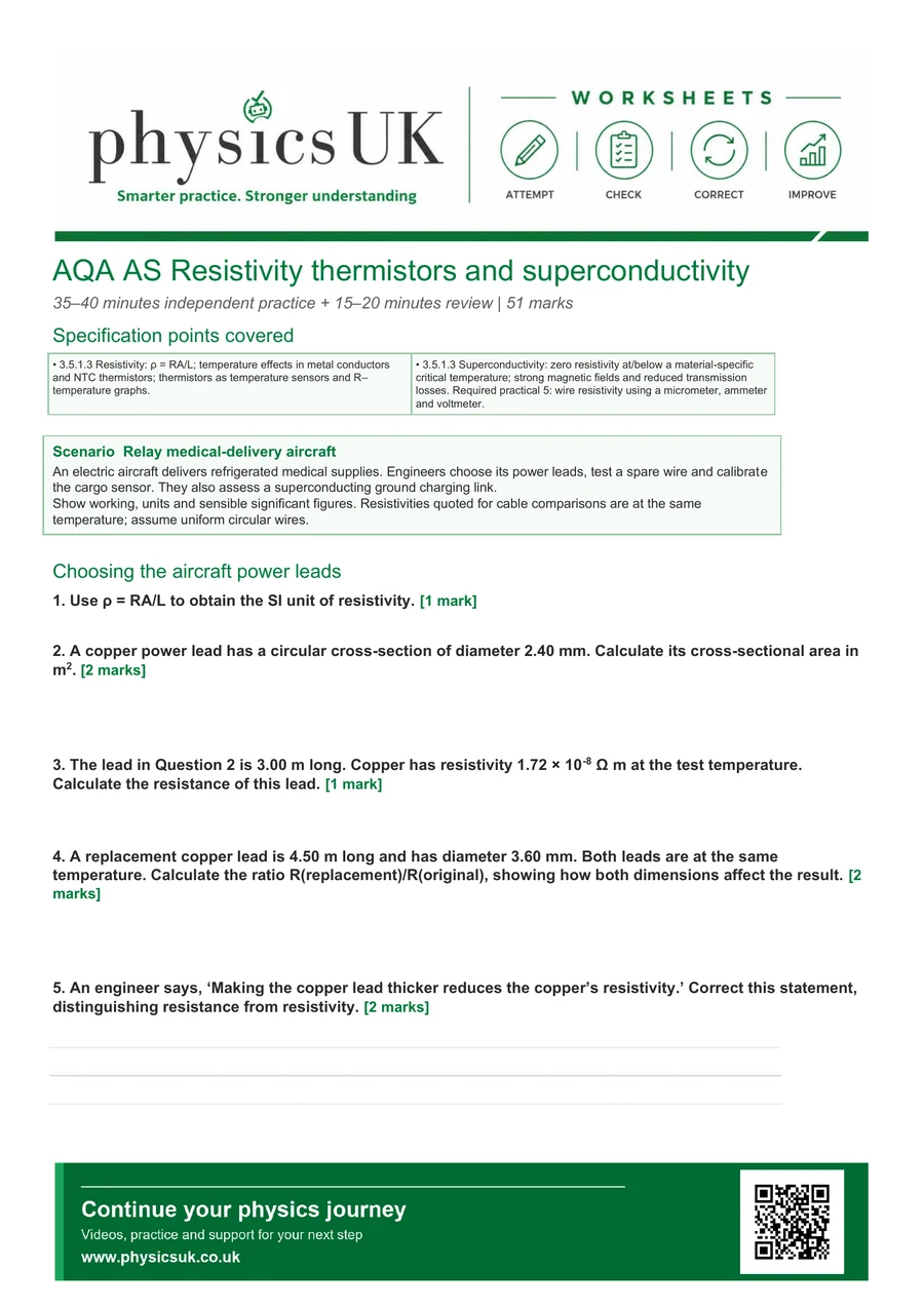 Preview of AQA AS Physics Resistivity, Thermistors and Superconductivity Worksheet