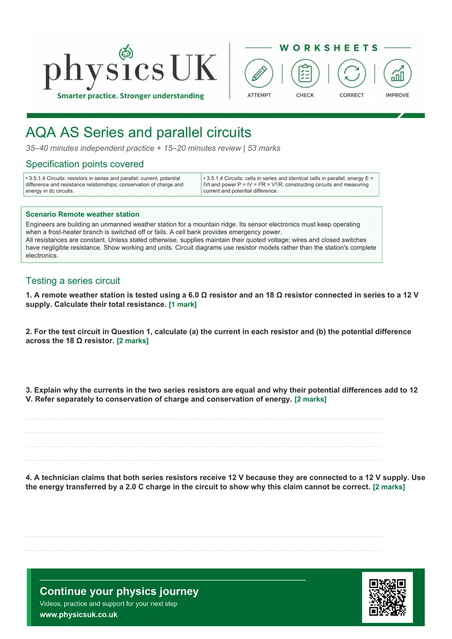 Preview of AQA AS Physics Series and Parallel Circuits Worksheet