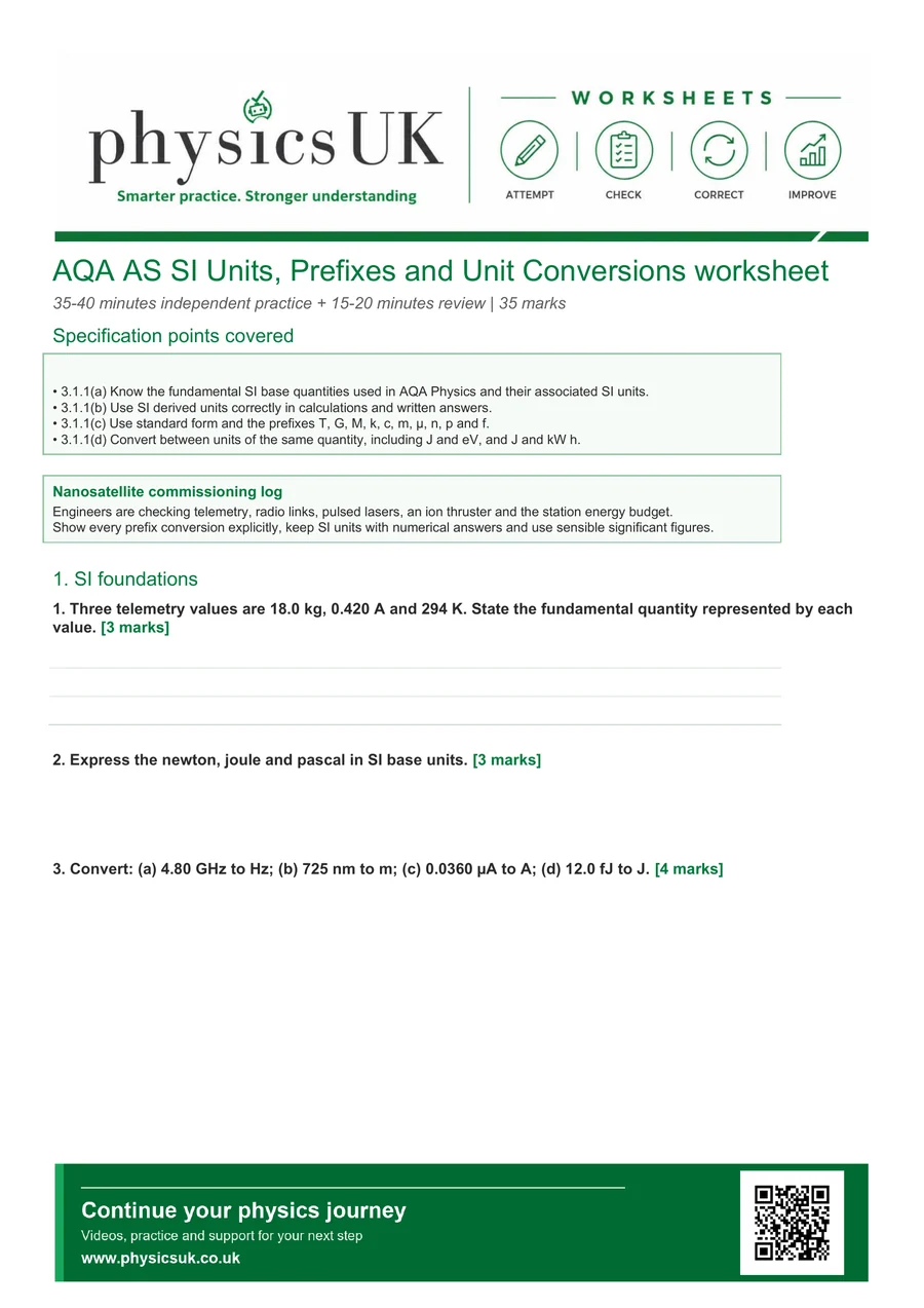 Preview of AQA AS Physics SI Units, Prefixes and Unit Conversions Worksheet