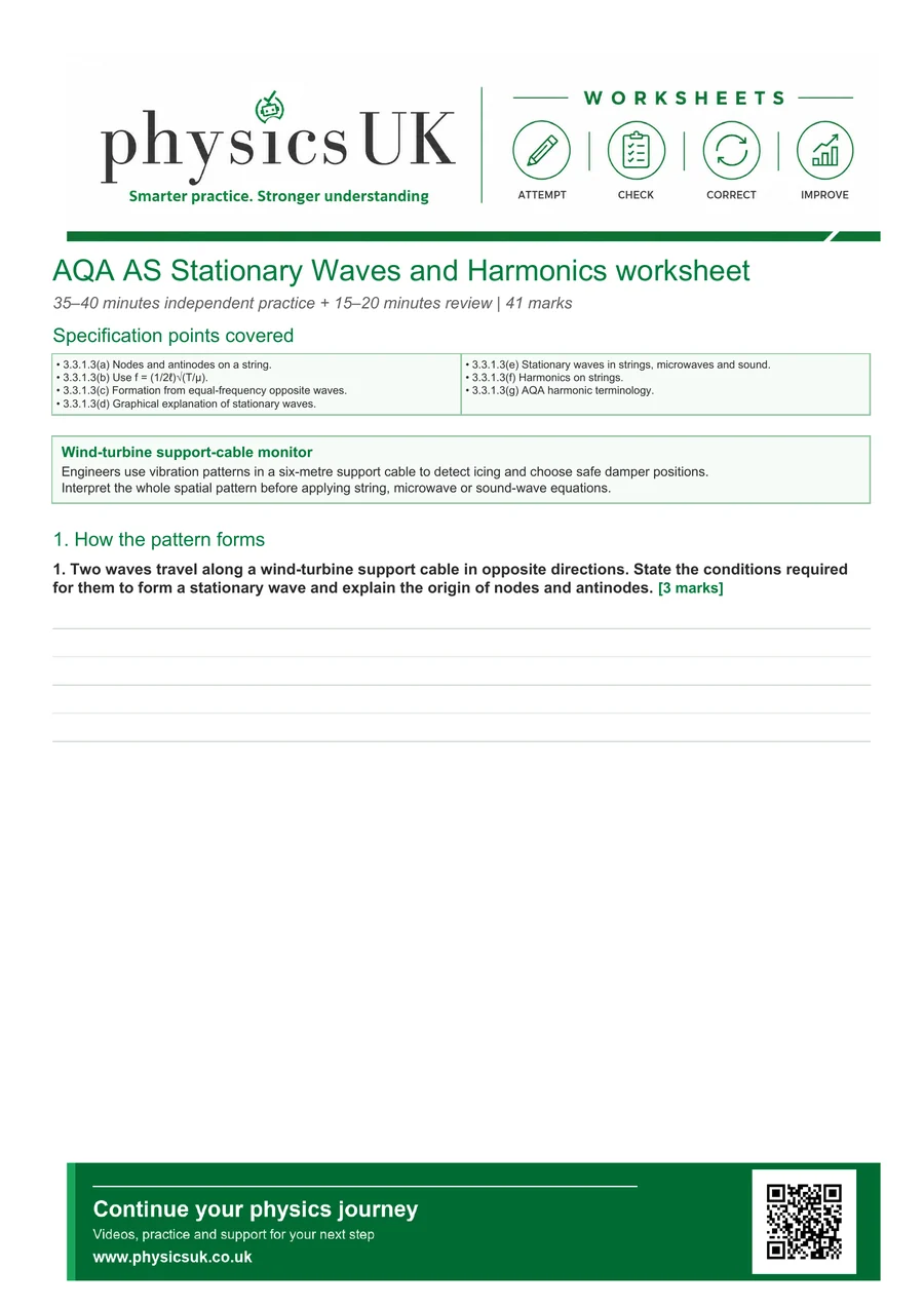 Preview of AQA AS Physics Stationary Waves and Harmonics Worksheet