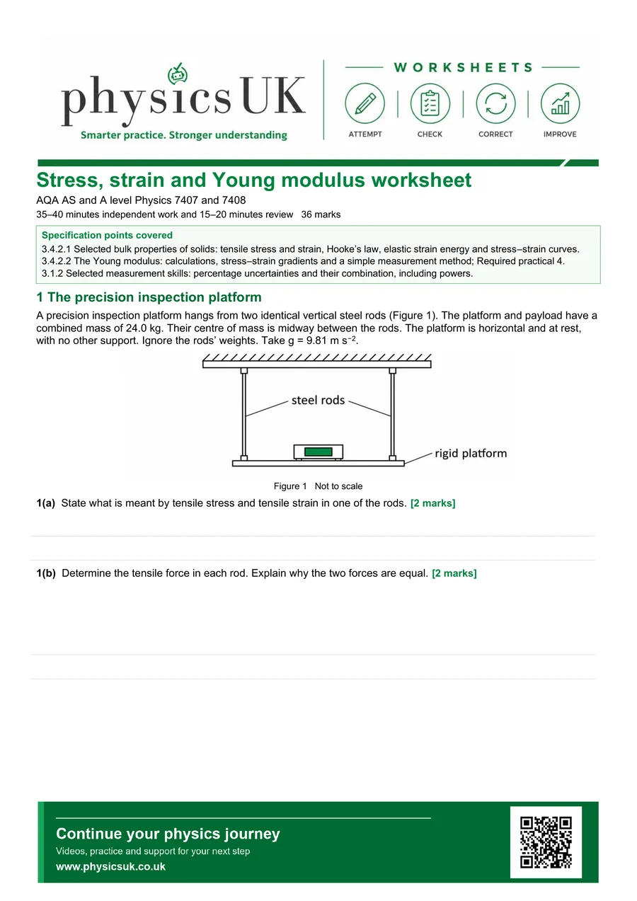 Preview of AQA AS Physics Stress, Strain and Young Modulus Worksheet