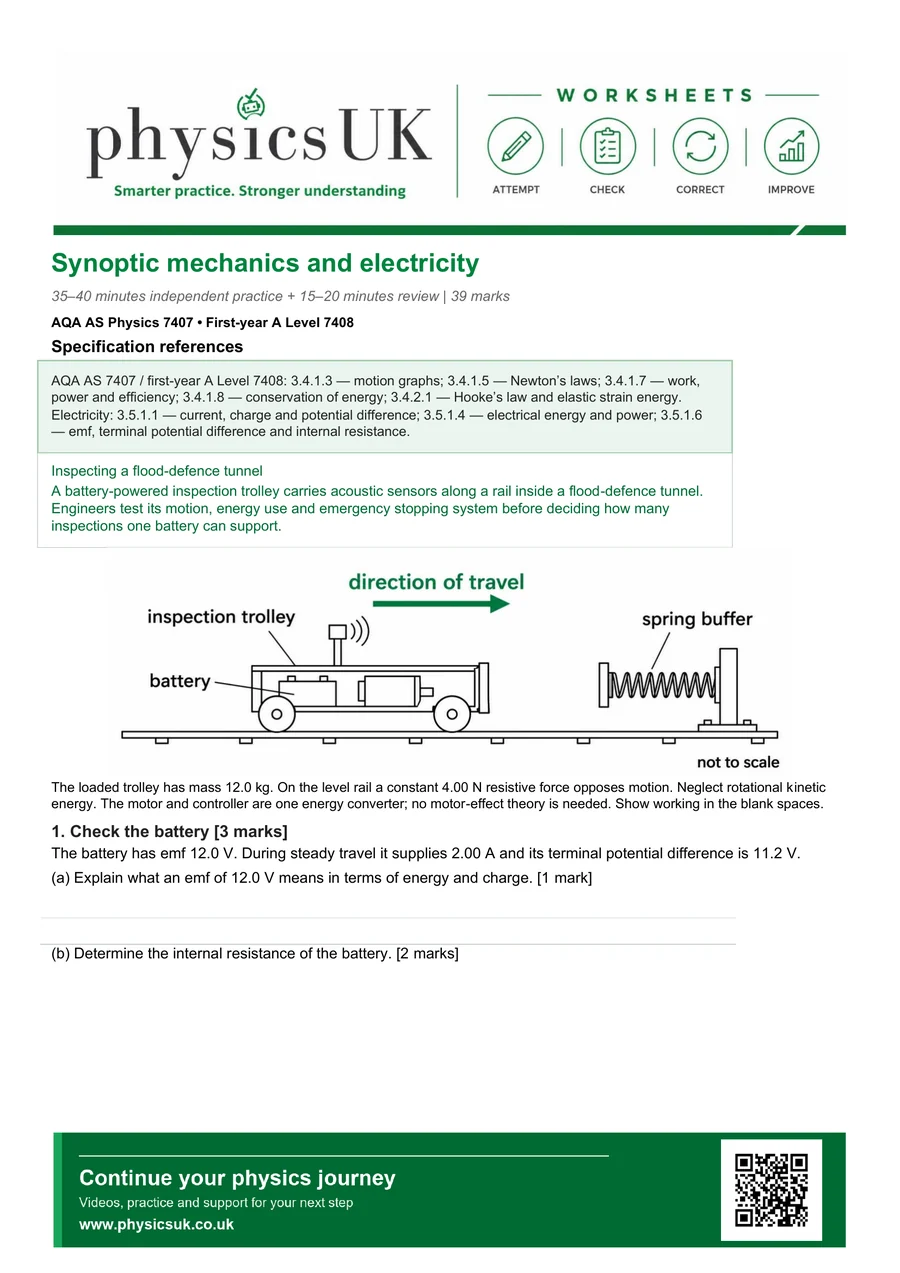 Preview of AQA AS Physics Synoptic Mechanics and Electricity Worksheet