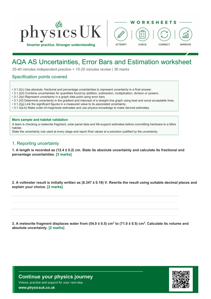 Preview of AQA AS Physics Uncertainties, Error Bars and Estimation Worksheet