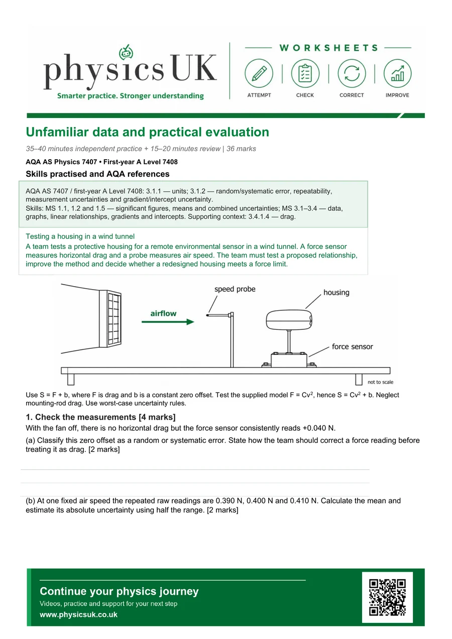 Preview of AQA AS Physics Unfamiliar Data and Practical Evaluation Worksheet