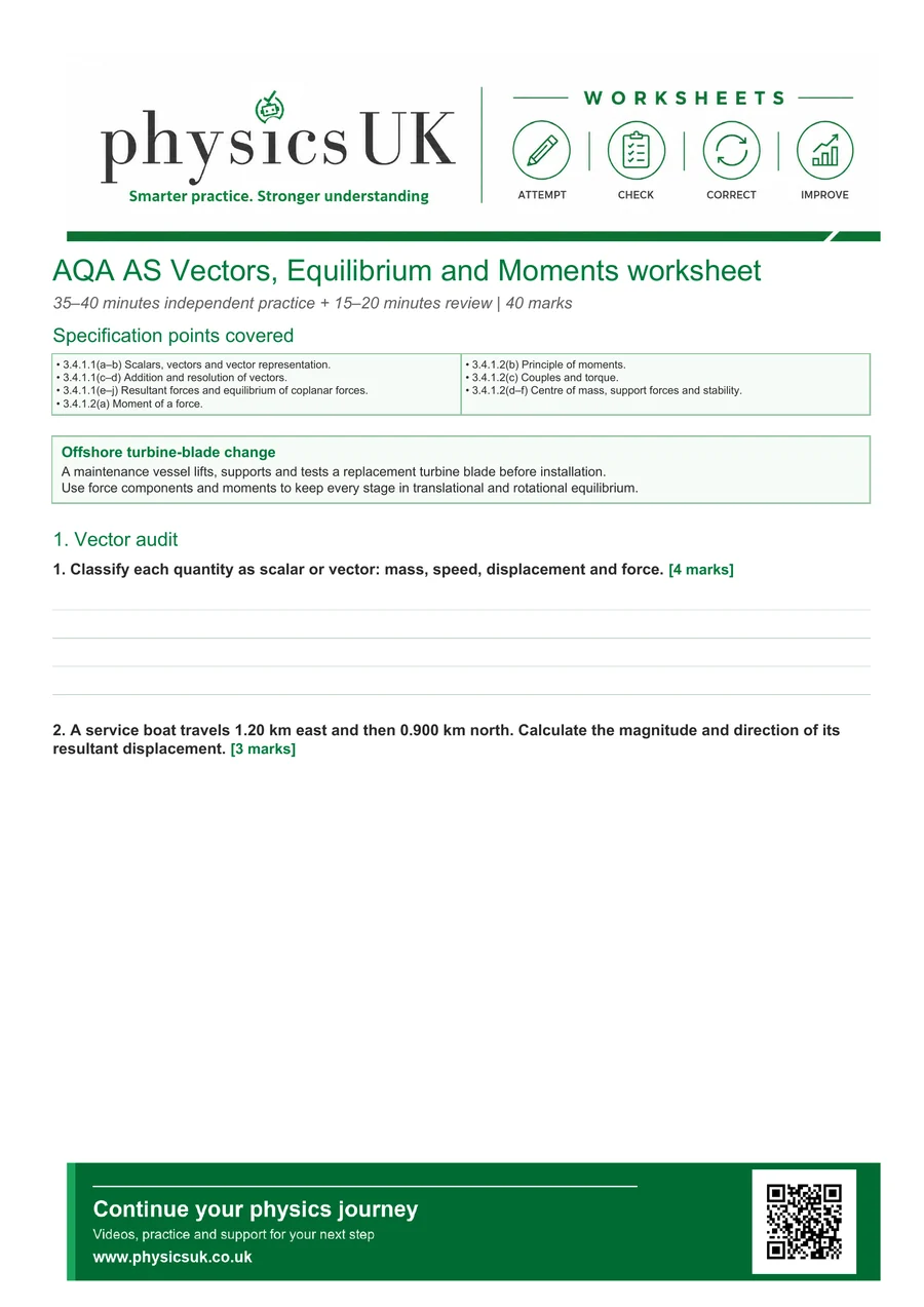 Preview of AQA AS Physics Vectors, Equilibrium and Moments Worksheet
