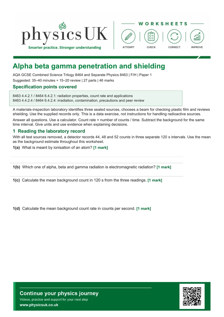 Preview of AQA GCSE Physics Alpha Beta Gamma Penetration and Shielding Worksheet