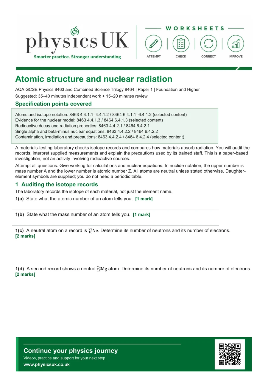 Preview of AQA GCSE Physics Atomic Structure, Nuclear Equations and Radiation Worksheet