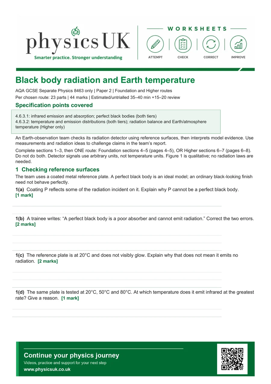 Preview of AQA GCSE Physics Black Body Radiation and Earth Temperature Worksheet