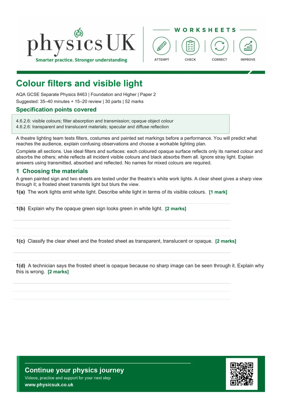 Preview of AQA GCSE Physics Colour Filters and Visible Light Worksheet