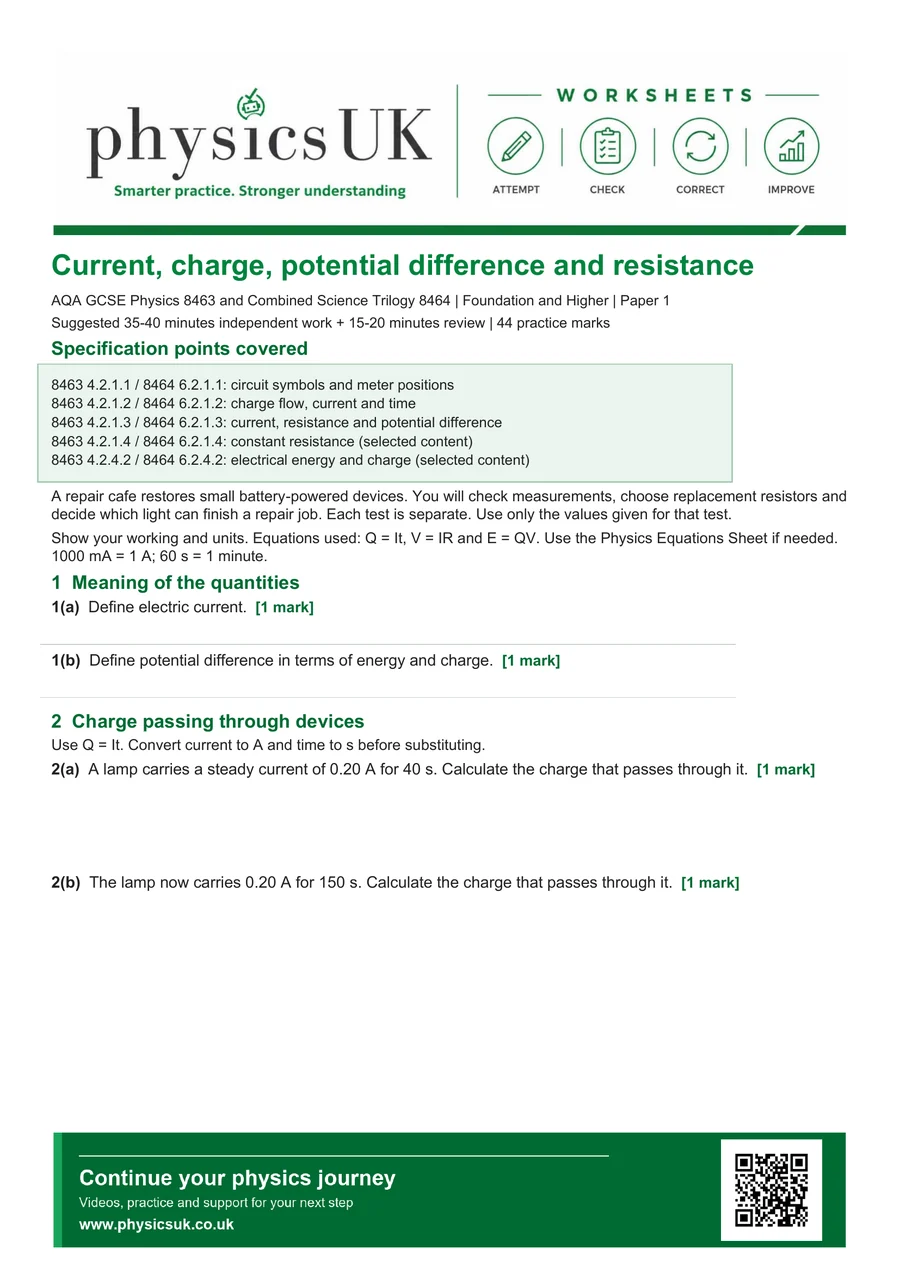 Preview of AQA GCSE Physics Current, Charge, Potential Difference and Resistance Worksheet