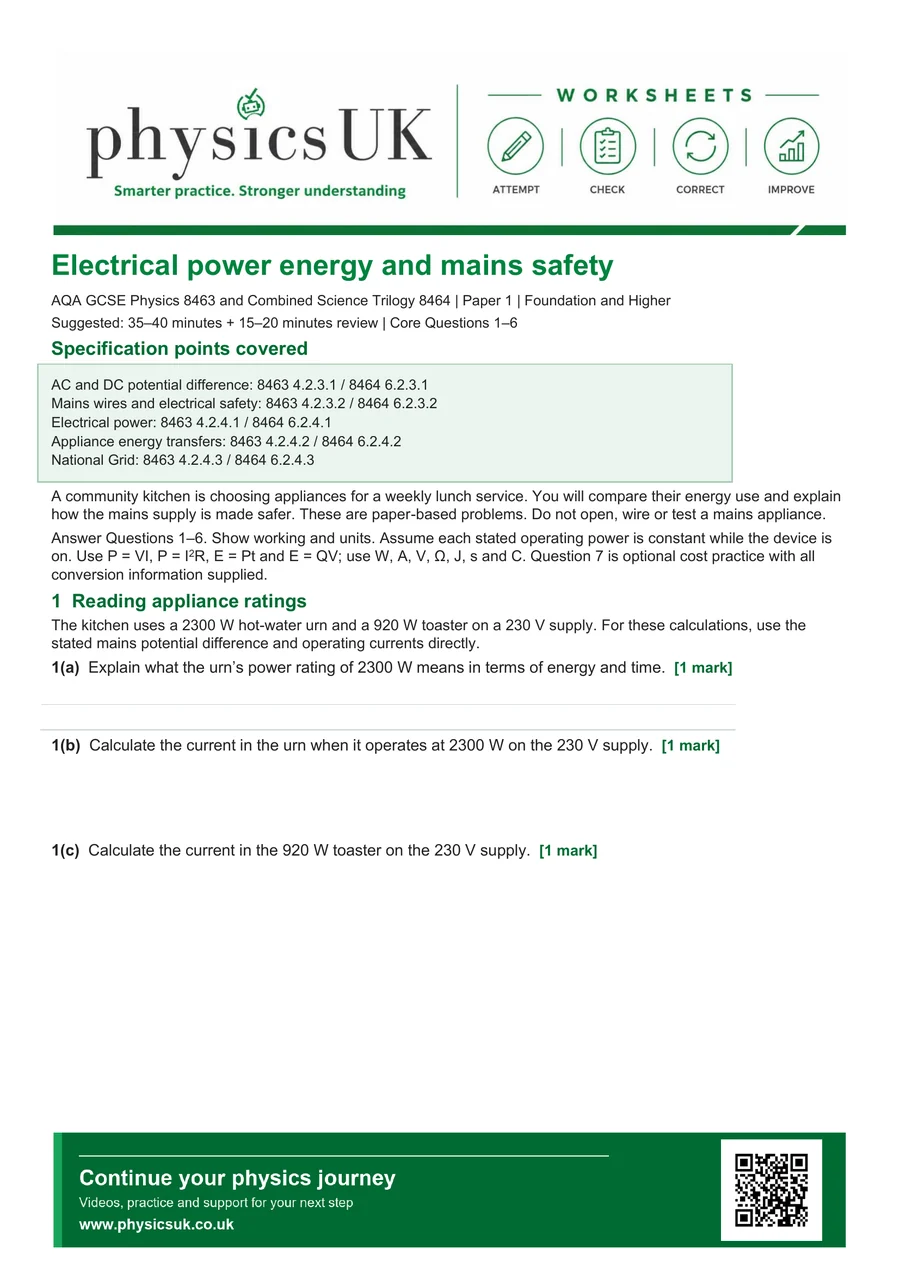 Preview of AQA GCSE Physics Electrical Power, Energy and Mains Safety Worksheet