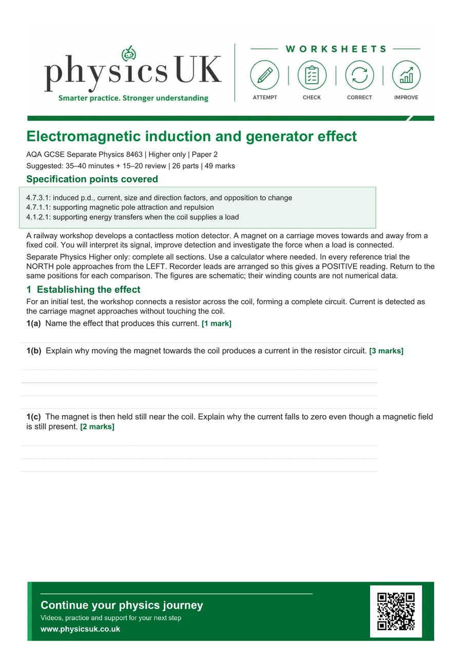 Preview of AQA GCSE Physics Electromagnetic Induction and Generator Effect Worksheet