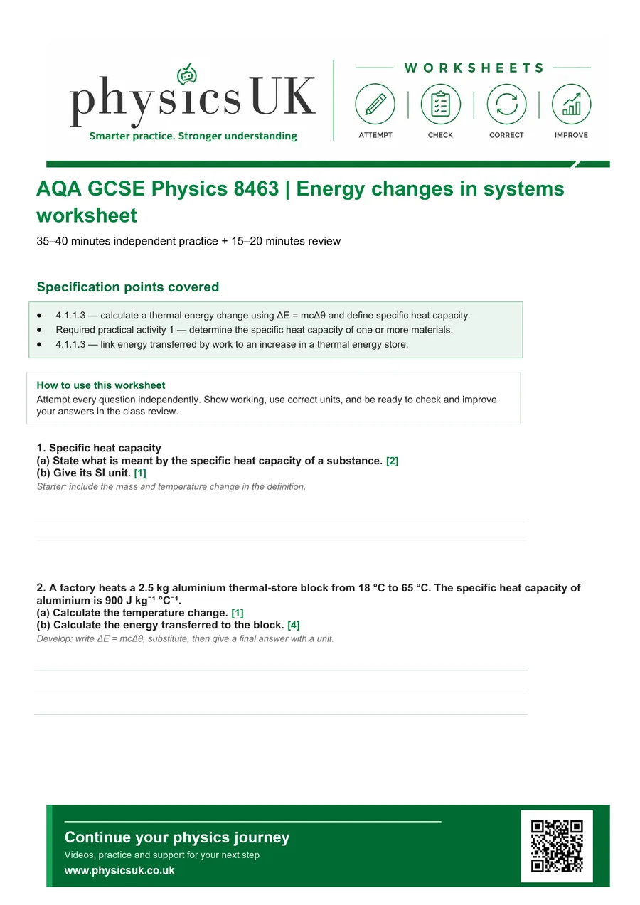 Preview of AQA GCSE Physics Energy Changes and Thermal Stores Worksheet