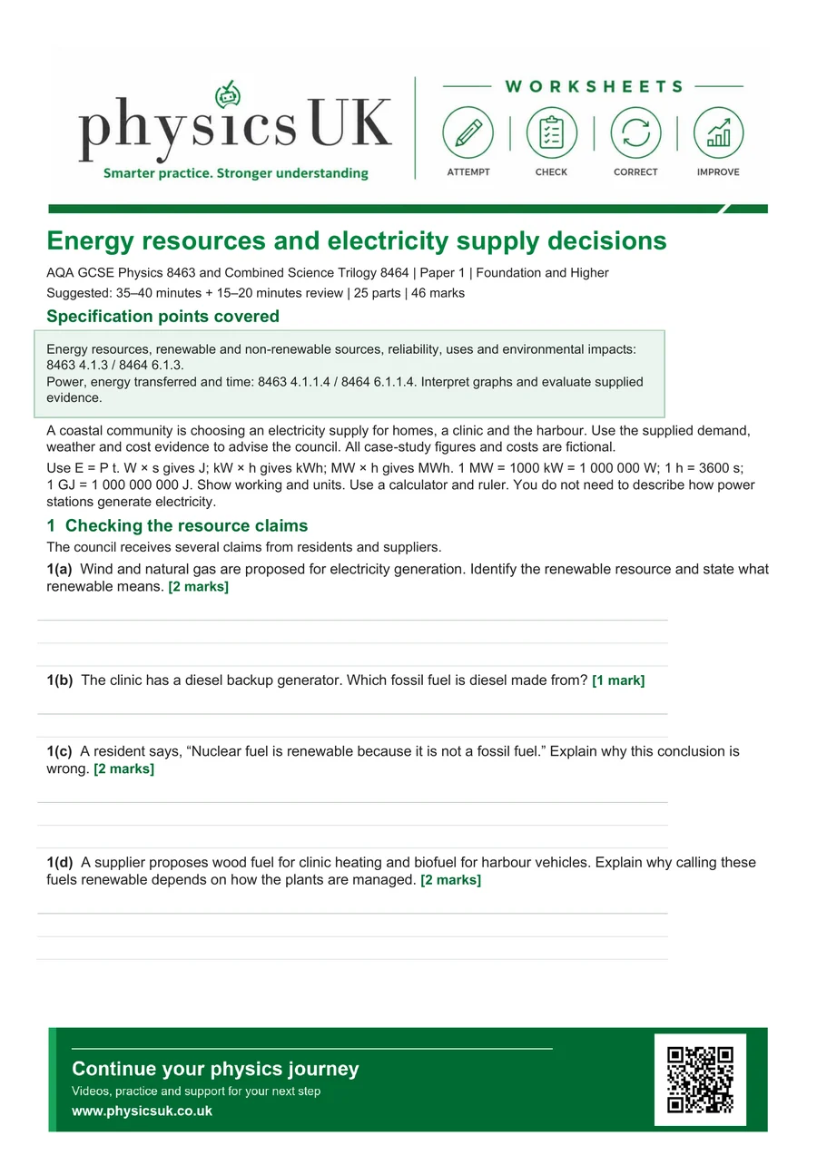 Preview of AQA GCSE Physics Energy Resources and Electricity Supply Decisions Worksheet
