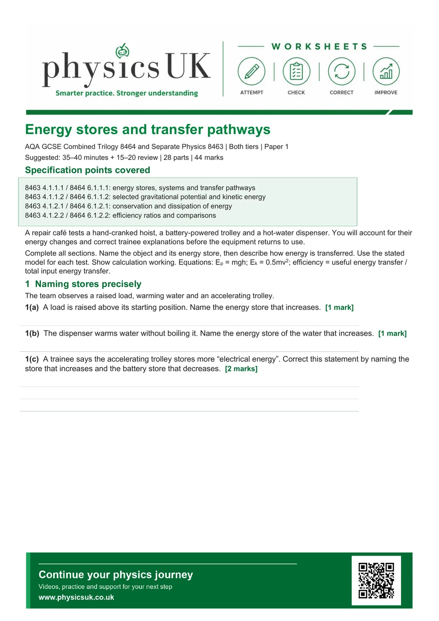 Preview of AQA GCSE Physics Energy Stores and Transfer Pathways Explanations Worksheet